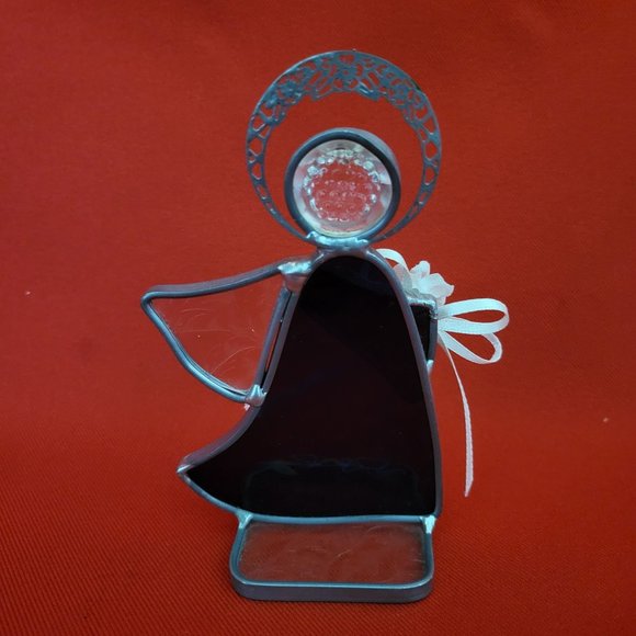 Vintage Stained Glass Free Standing Angel Holding a Flower Blue Suncatcher Pewte - Picture 4 of 12